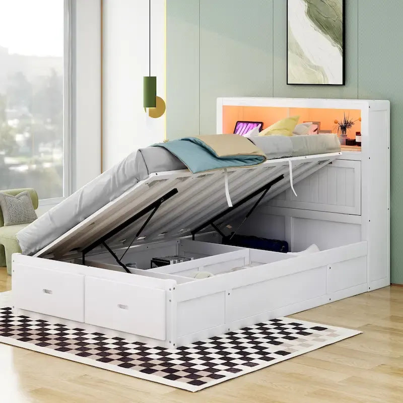 Cama de madera blanca tamaño matrimonial con cabecero de almacenamiento LED, estación de carga y 2 cajones