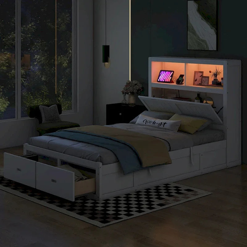 Cama de madera blanca tamaño matrimonial con cabecero de almacenamiento LED, estación de carga y 2 cajones