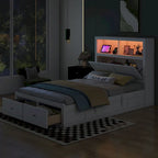 Cama de madera blanca tamaño matrimonial con cabecero de almacenamiento LED, estación de carga y 2 cajones