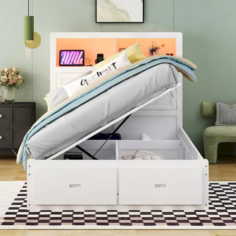 Cama de madera blanca tamaño matrimonial con cabecero de almacenamiento LED, estación de carga y 2 cajones