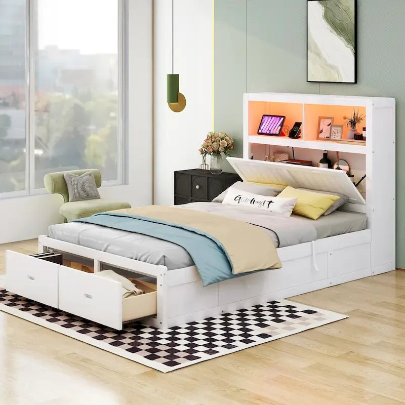 Cama de madera blanca tamaño matrimonial con cabecero de almacenamiento LED, estación de carga y 2 cajones