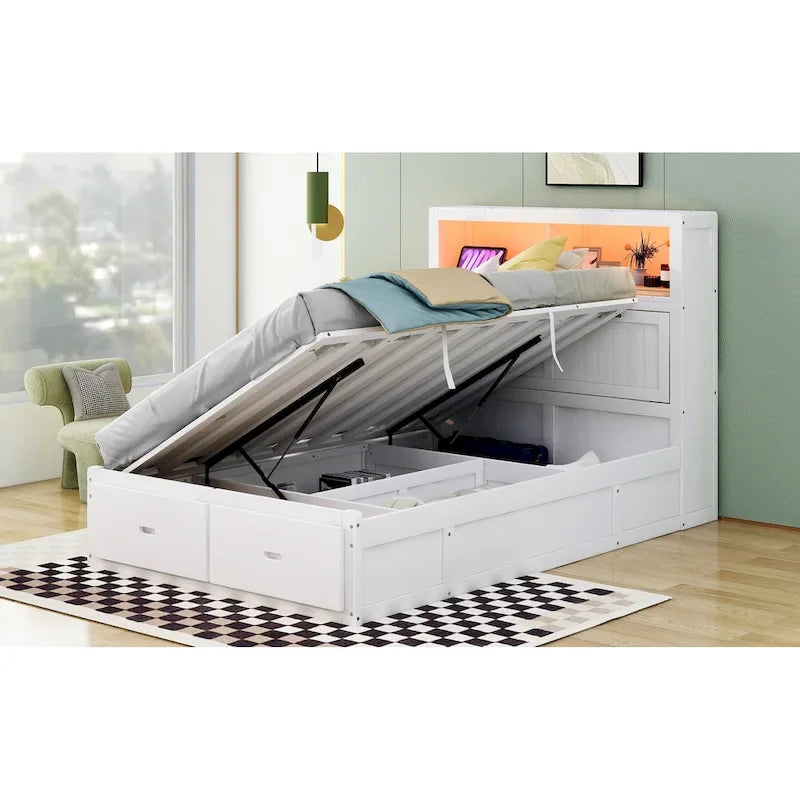 Cama de madera blanca tamaño matrimonial con cabecero de almacenamiento LED, estación de carga y 2 cajones