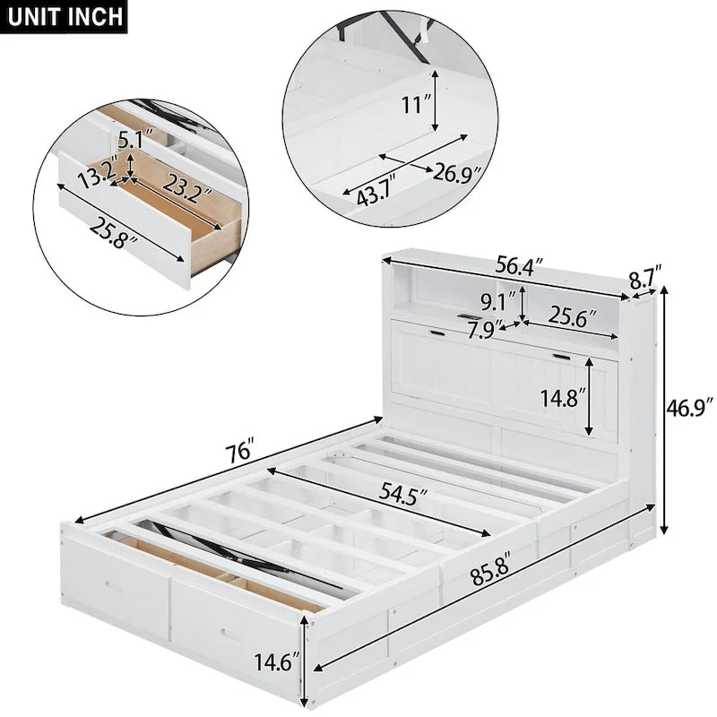Cama de madera blanca tamaño matrimonial con cabecero de almacenamiento LED, estación de carga y 2 cajones