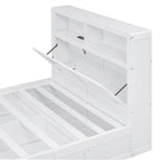 Cama de madera blanca tamaño matrimonial con cabecero de almacenamiento LED, estación de carga y 2 cajones