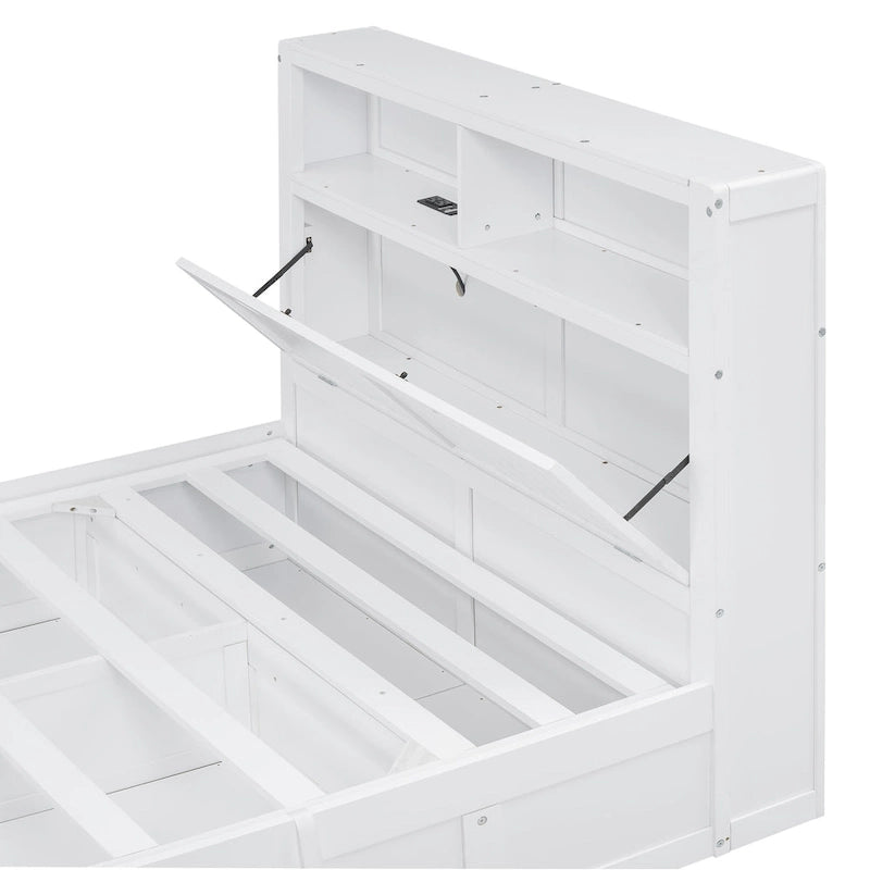 Cama de madera blanca tamaño matrimonial con cabecero de almacenamiento LED, estación de carga y 2 cajones