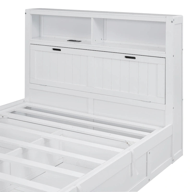 Cama de madera blanca tamaño matrimonial con cabecero de almacenamiento LED, estación de carga y 2 cajones