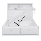 Cama de madera blanca tamaño matrimonial con cabecero de almacenamiento LED, estación de carga y 2 cajones