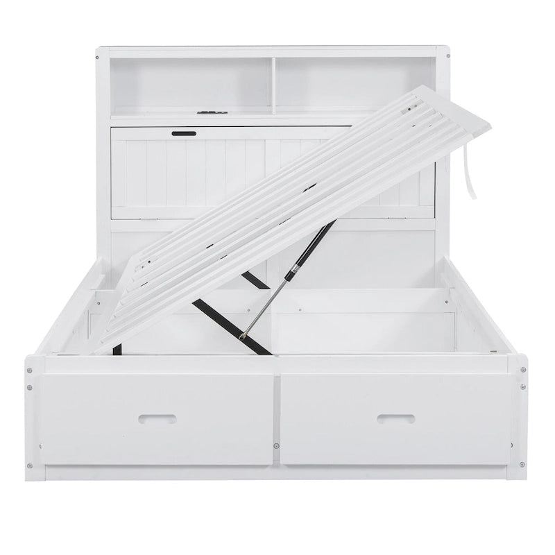 Cama de madera blanca tamaño matrimonial con cabecero de almacenamiento LED, estación de carga y 2 cajones