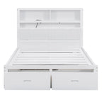 Cama de madera blanca tamaño matrimonial con cabecero de almacenamiento LED, estación de carga y 2 cajones