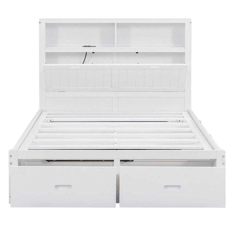 Cama de madera blanca tamaño matrimonial con cabecero de almacenamiento LED, estación de carga y 2 cajones