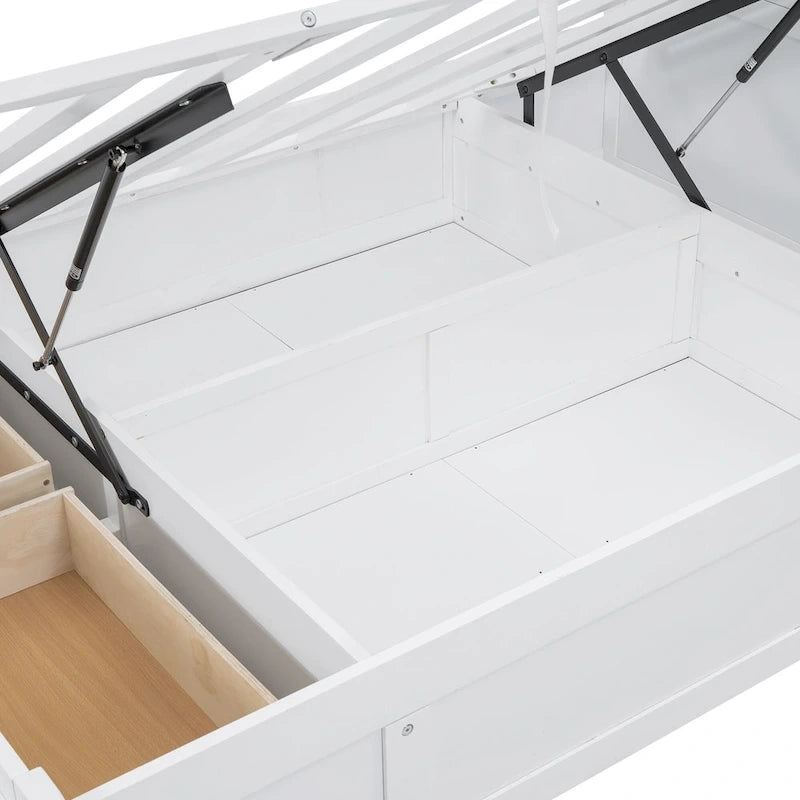Cama de madera blanca tamaño matrimonial con cabecero de almacenamiento LED, estación de carga y 2 cajones