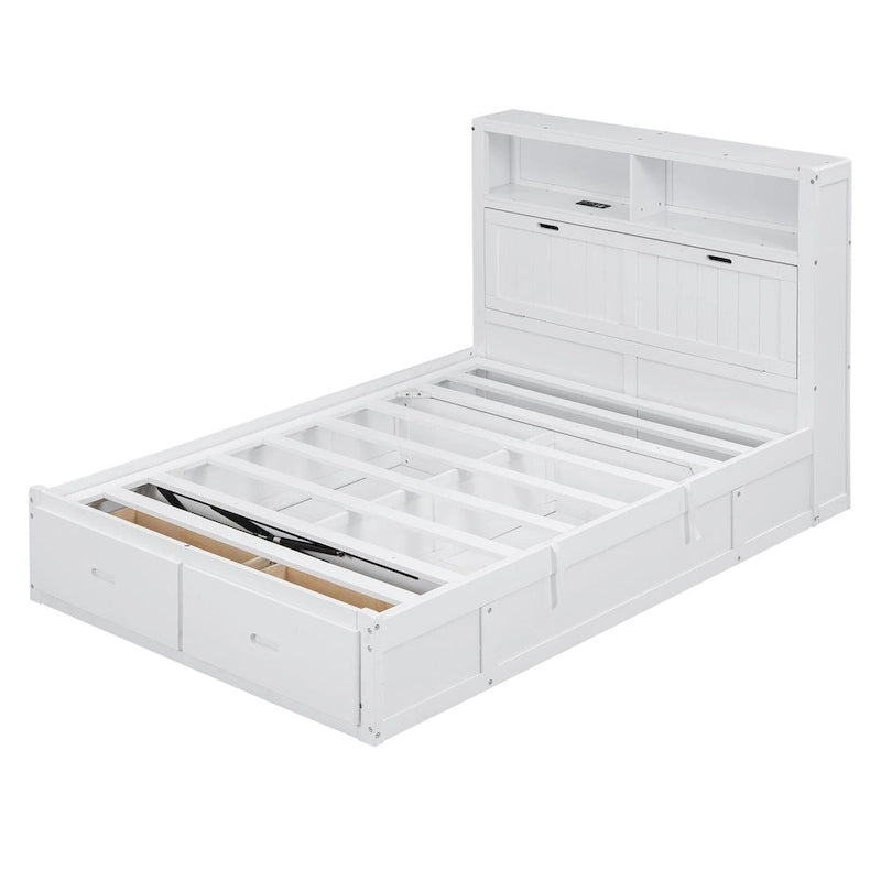 Cama de madera blanca tamaño matrimonial con cabecero de almacenamiento LED, estación de carga y 2 cajones