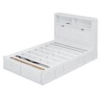 Cama de madera blanca tamaño matrimonial con cabecero de almacenamiento LED, estación de carga y 2 cajones
