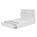 Cama de madera blanca tamaño matrimonial con cabecero de almacenamiento LED, estación de carga y 2 cajones