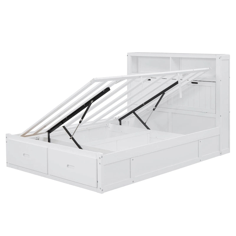 Cama de madera blanca tamaño matrimonial con cabecero de almacenamiento LED, estación de carga y 2 cajones