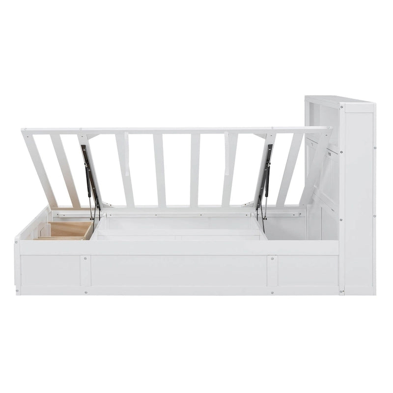 Cama de madera blanca tamaño matrimonial con cabecero de almacenamiento LED, estación de carga y 2 cajones