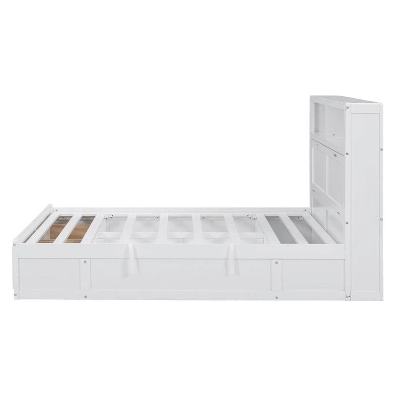 Cama de madera blanca tamaño matrimonial con cabecero de almacenamiento LED, estación de carga y 2 cajones