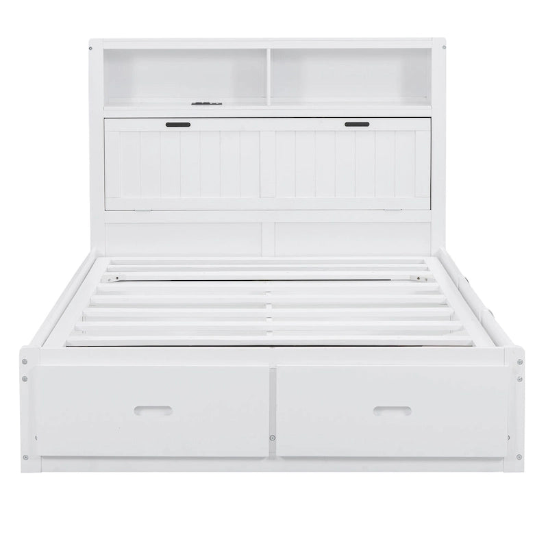 Cama de madera blanca tamaño matrimonial con cabecero de almacenamiento LED, estación de carga y 2 cajones