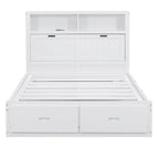 Cama de madera blanca tamaño matrimonial con cabecero de almacenamiento LED, estación de carga y 2 cajones
