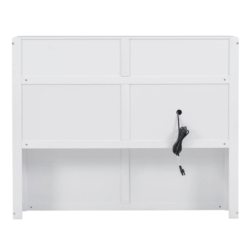 Cama de madera blanca tamaño matrimonial con cabecero de almacenamiento LED, estación de carga y 2 cajones