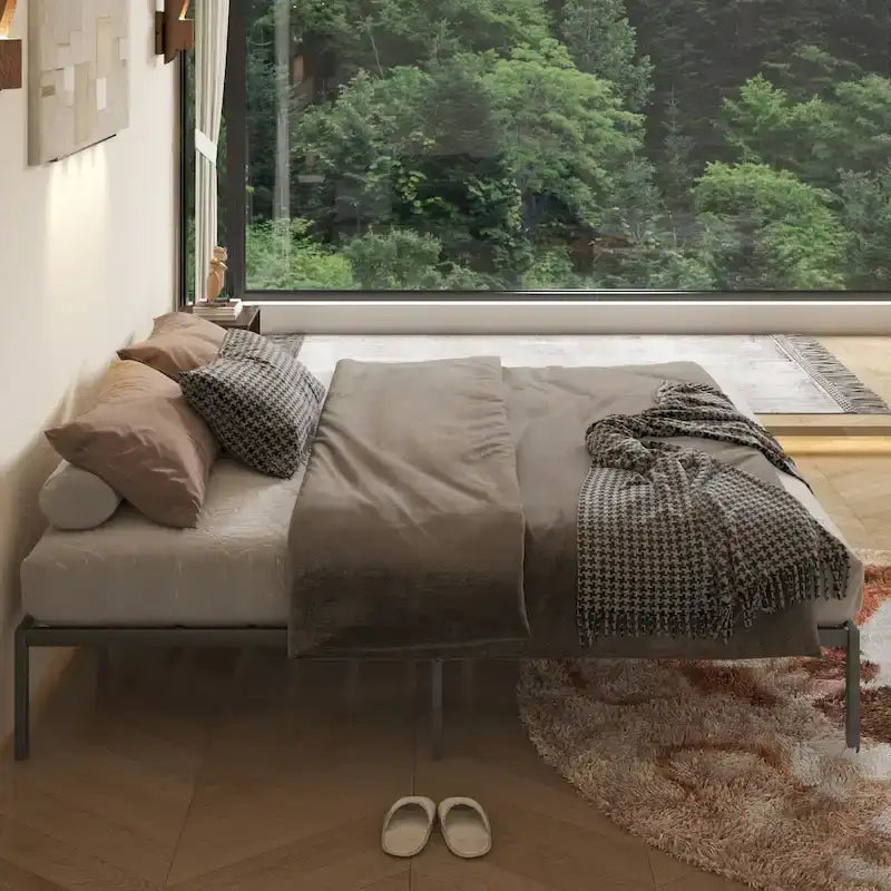 Cama metálica con plataforma Black King con cabecero de madera en forma de onda