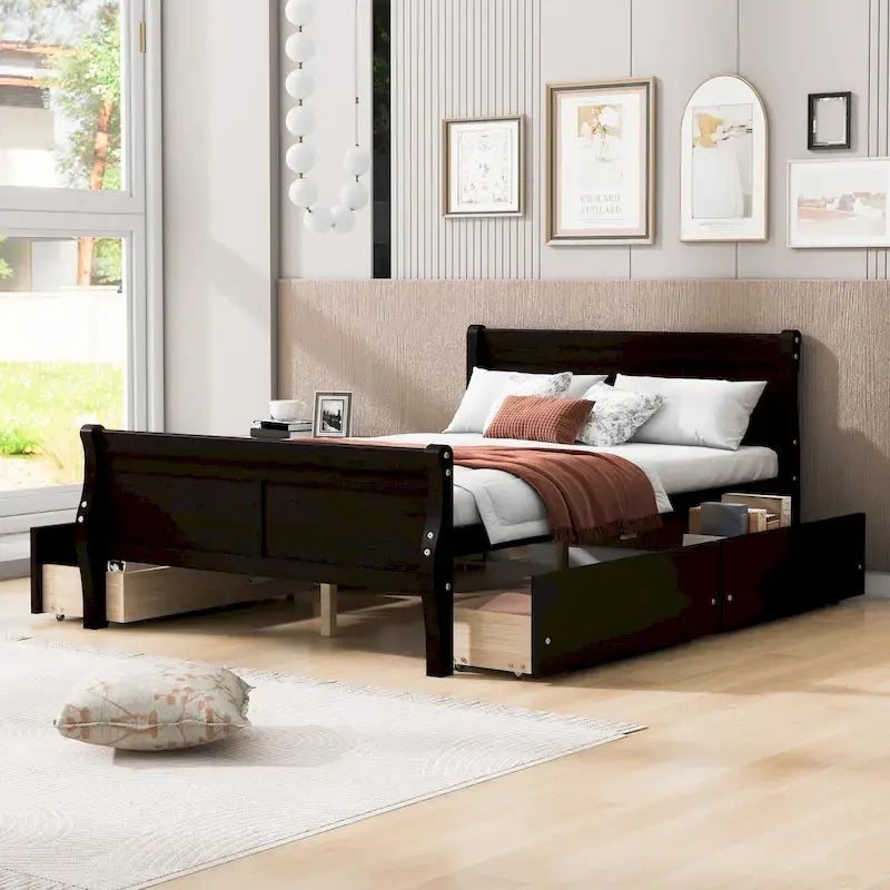 Cama de Plataforma de Madera de Pino Macizo con 4 Cajones y Diseño