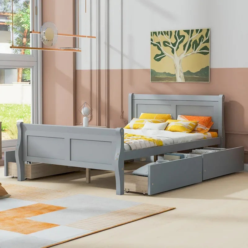 Cama de Plataforma de Madera de Pino Macizo con 4 Cajones y Diseño