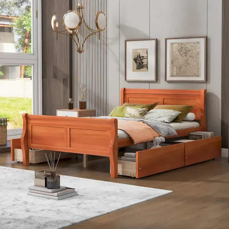 Cama de Plataforma de Madera de Pino Macizo con 4 Cajones y Diseño