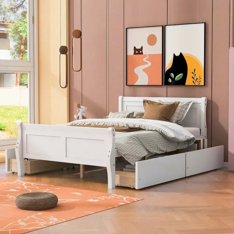 Cama de Plataforma de Madera de Pino Macizo con 4 Cajones y Diseño