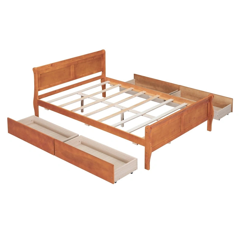 Cama de Plataforma de Madera de Pino Macizo con 4 Cajones y Diseño