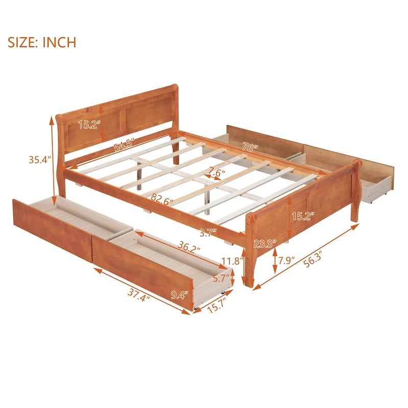 Cama de Plataforma de Madera de Pino Macizo con 4 Cajones y Diseño