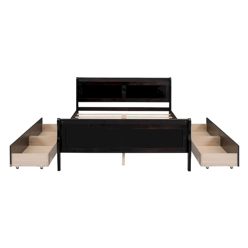 Cama de Plataforma de Madera de Pino Macizo con 4 Cajones y Diseño