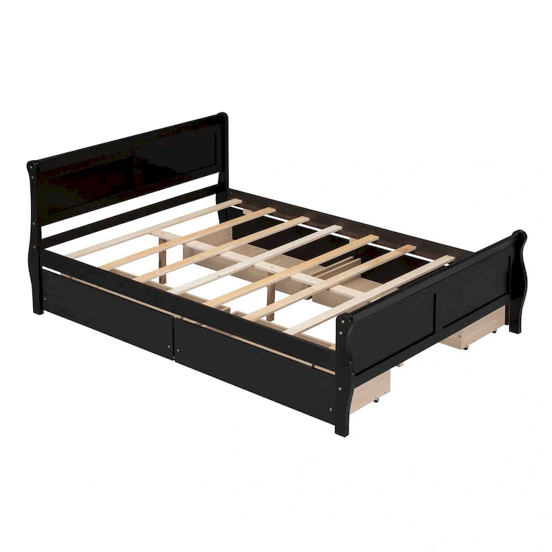 Cama de Plataforma de Madera de Pino Macizo con 4 Cajones y Diseño