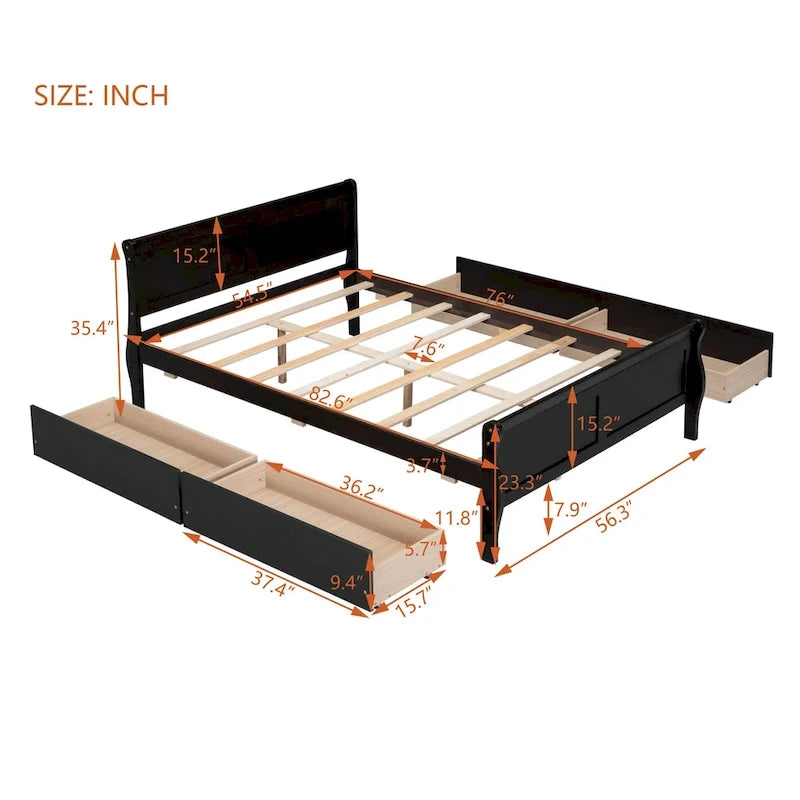 Cama de Plataforma de Madera de Pino Macizo con 4 Cajones y Diseño
