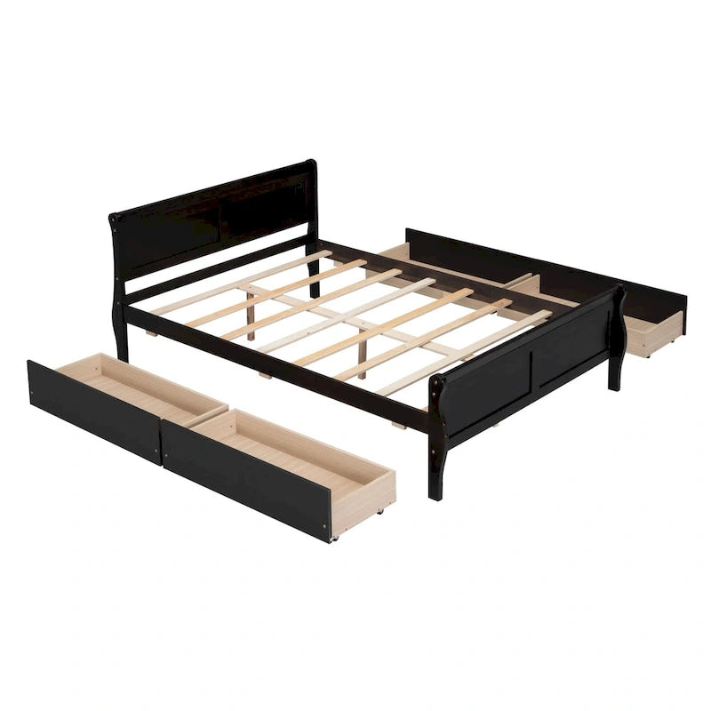 Cama de Plataforma de Madera de Pino Macizo con 4 Cajones y Diseño