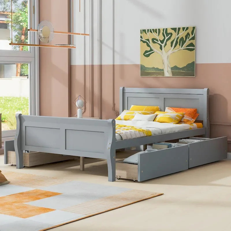Cama de Plataforma de Madera de Pino Macizo con 4 Cajones y Diseño
