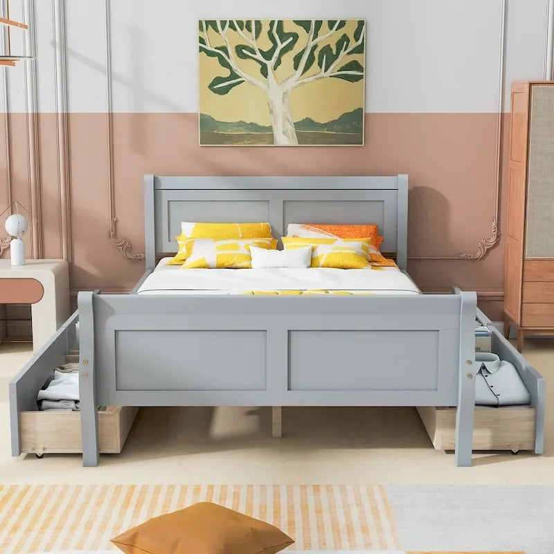 Cama de Plataforma de Madera de Pino Macizo con 4 Cajones y Diseño