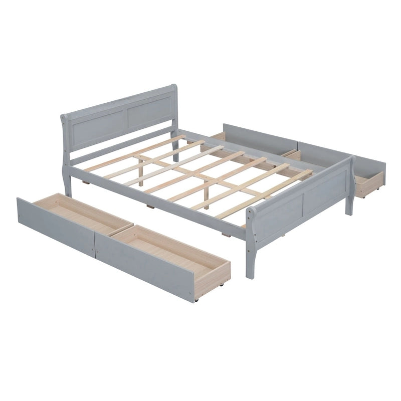 Cama de Plataforma de Madera de Pino Macizo con 4 Cajones y Diseño