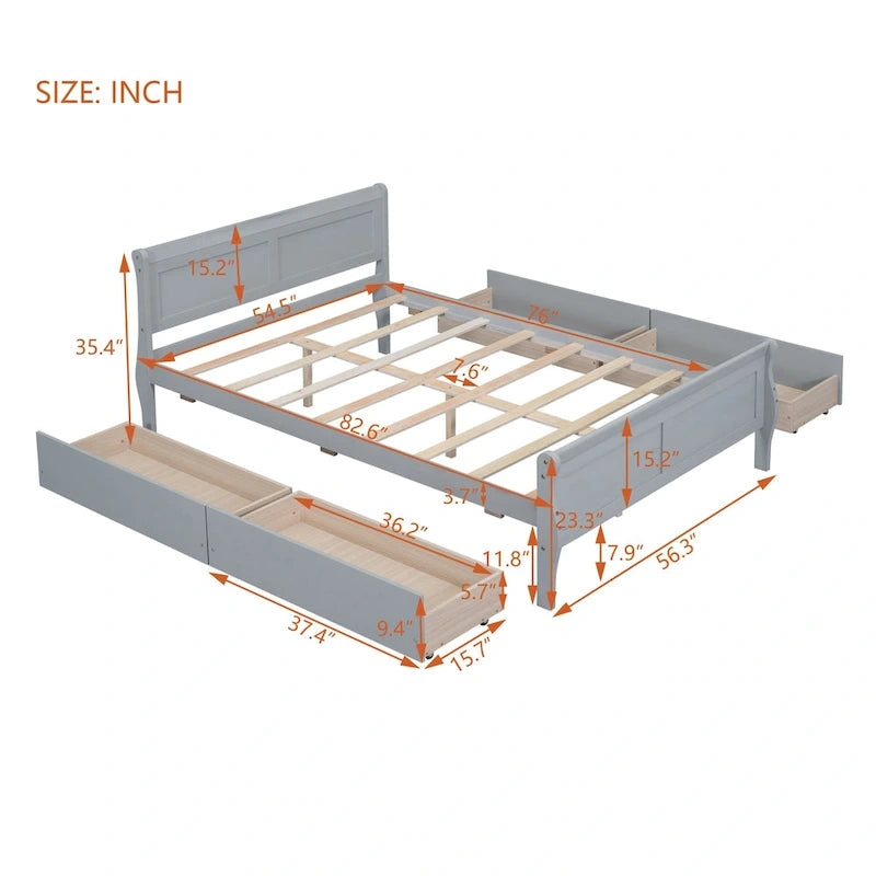 Cama de Plataforma de Madera de Pino Macizo con 4 Cajones y Diseño