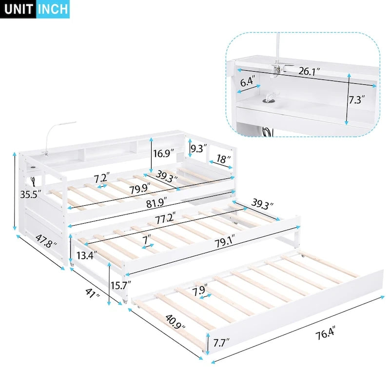 Cama de día Twin XL con nido, estantes y USB