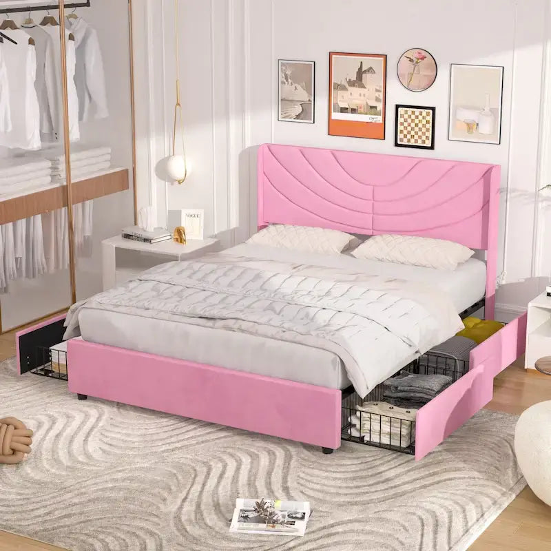 Base de cama tapizada con cabecera y 4 cajones de almacenamiento