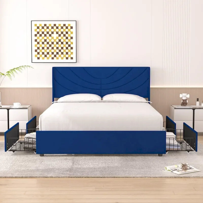 Base de cama tapizada con cabecera y 4 cajones de almacenamiento