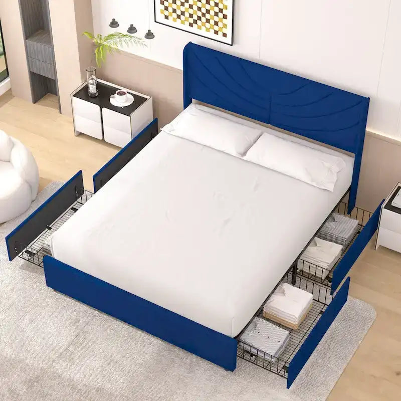 Base de cama tapizada con cabecera y 4 cajones de almacenamiento
