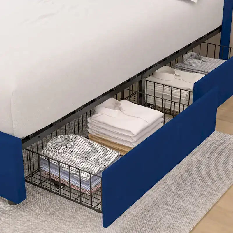 Base de cama tapizada con cabecera y 4 cajones de almacenamiento