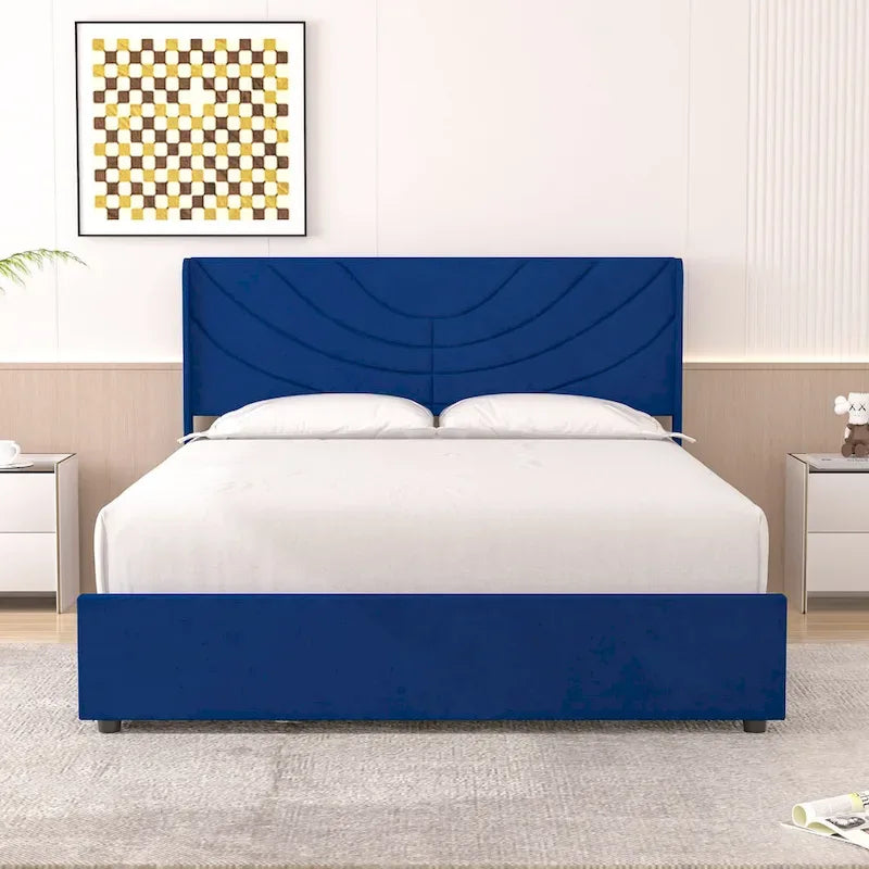 Base de cama tapizada con cabecera y 4 cajones de almacenamiento