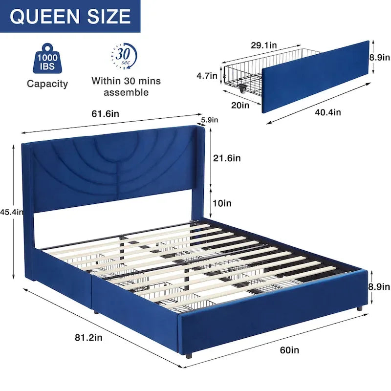 Base de cama tapizada con cabecera y 4 cajones de almacenamiento