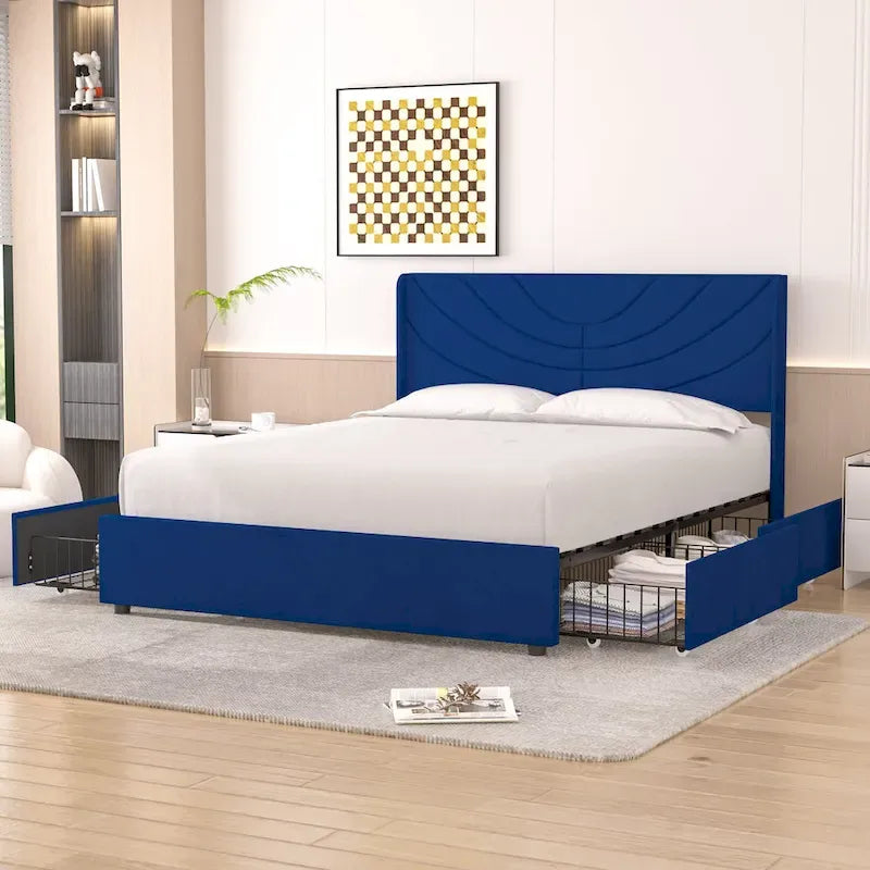 Base de cama tapizada con cabecera y 4 cajones de almacenamiento
