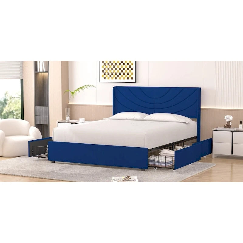 Base de cama tapizada con cabecera y 4 cajones de almacenamiento