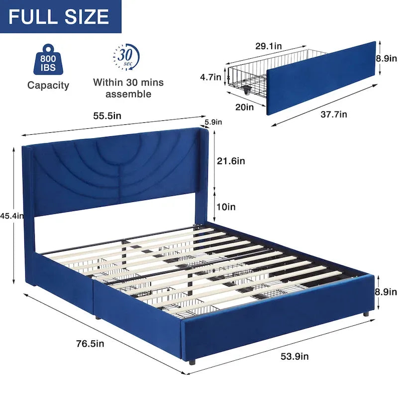 Base de cama tapizada con cabecera y 4 cajones de almacenamiento