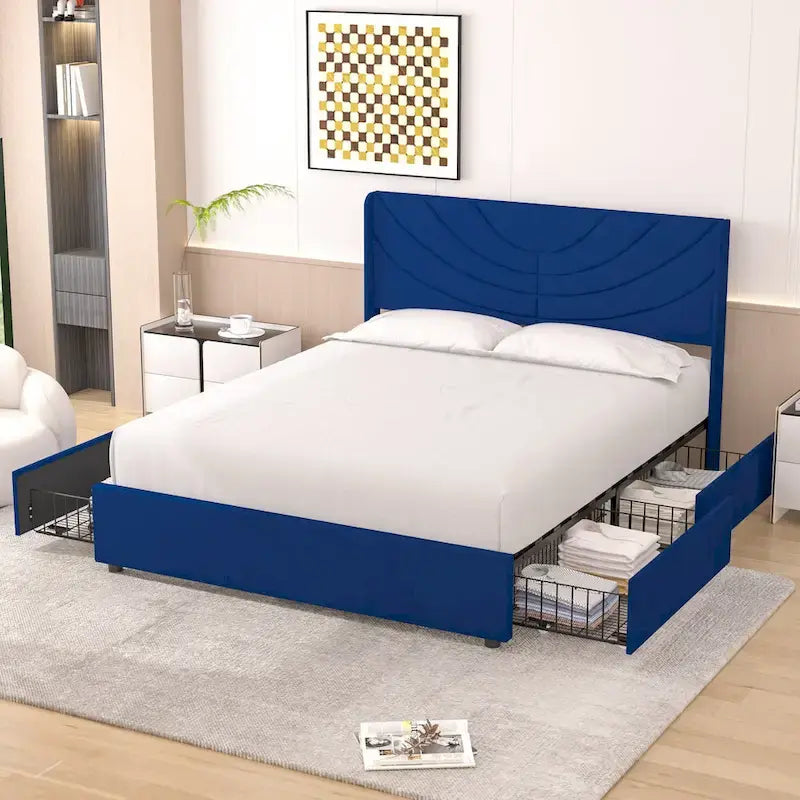 Base de cama tapizada con cabecera y 4 cajones de almacenamiento